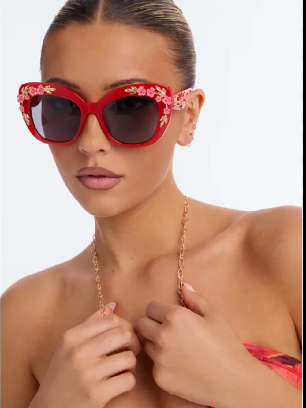 Red Cat Eye Sunglasses w/Floral accent